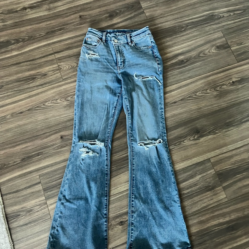 American Eagle Outfitters Light Blue Distressed Flare Jeans